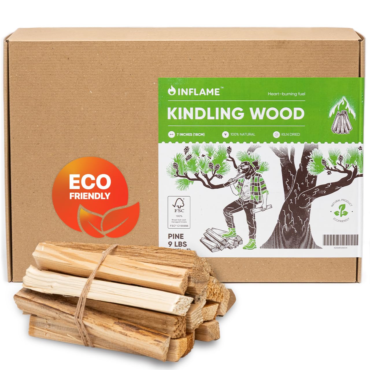 Inflame Kindling Wood 9 lbs Fire Starter Sticks for Camping, Campfires, Fireplaces, Firepit, Grill, BBQ, Wood Stoves - Natural Kiln-Dried FireStarters