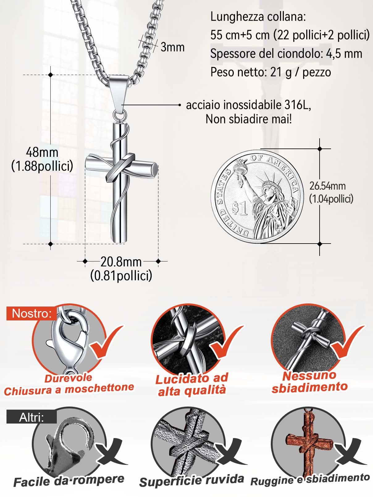 FaithHeart Collana con Croce da Uomo, Ciondolo Croce Cristiana, Acciaio Chirurgico Inossidabile 316L, Impermeabile, Tre colori, Catena 55+5cm, Regali Comunione Maschio