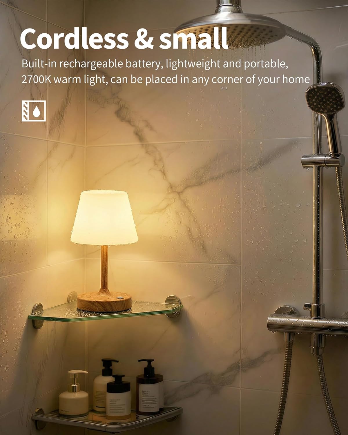 PUSU Cordless LED Wood-Grain Small Table Lamp, Waterproof Shower Light with 4000mAh Battery, Portable Rechargeable Touch Dimming Night Light for Bathroom, Outdoor Camping, Kitchen, Patio, Restaurant - Image 3