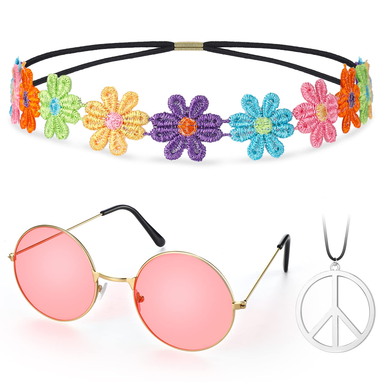 Hippie Costume Set 60's Style Circle Glasses Peace Sign Necklace Daisy Sunflower Headbands for Women Men Dressing Accessory Hippie Party Supplies