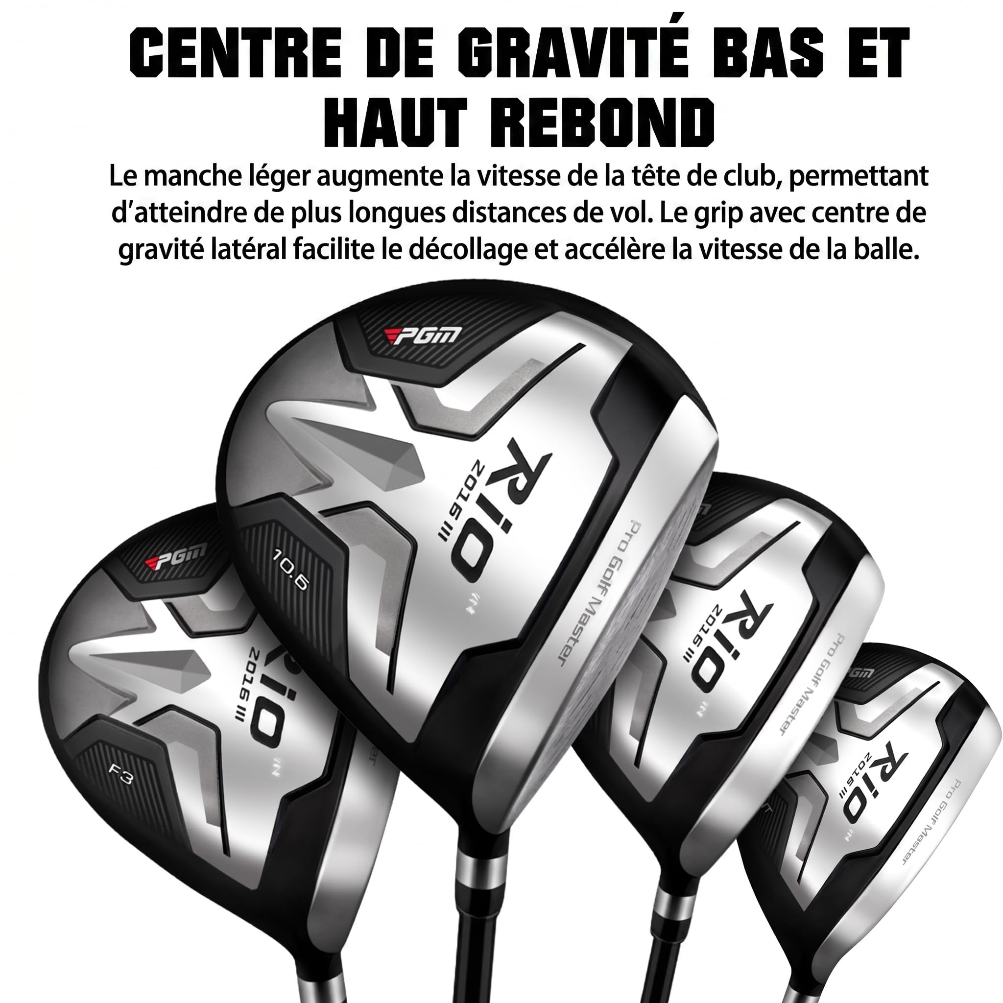 PGM Ensemble complet de clubs de golf pour homme - 12 pièces - 3 bois (n°1, 3, 5), 1 hybride (n°4H), 6 fers (n°5, 6, 7, 8, 9, PW), 1 sand wedge (52°), 1 putter - Sac de golf avec support - Tête de