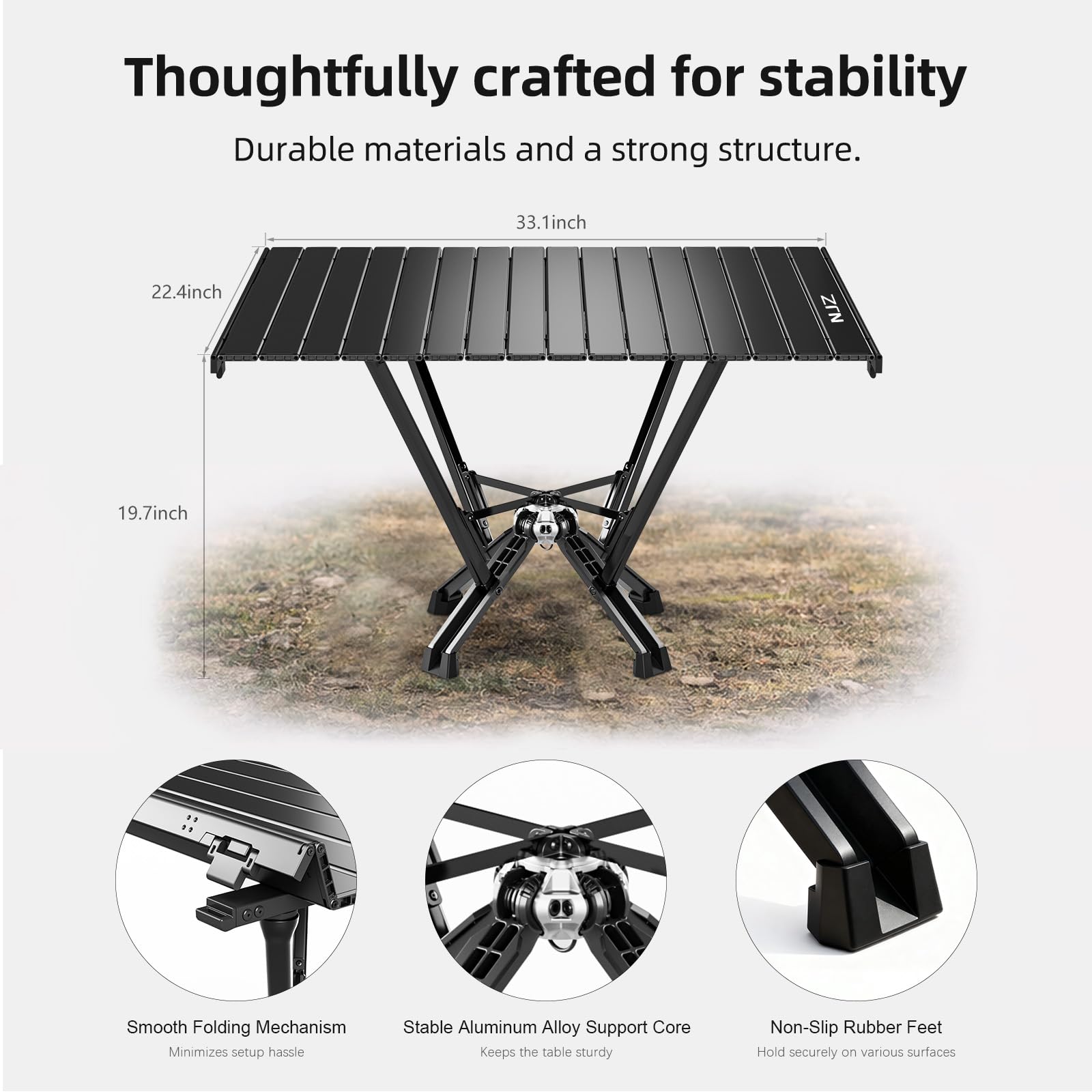 Klappbarer CampingTisch mit Aluminium-Rollplatte, bis zu 170 kg Tragfähigkeit, Auto-Camping-Tisch mit einfacher Tragetasche für Indoor, Outdoor, Reisen
