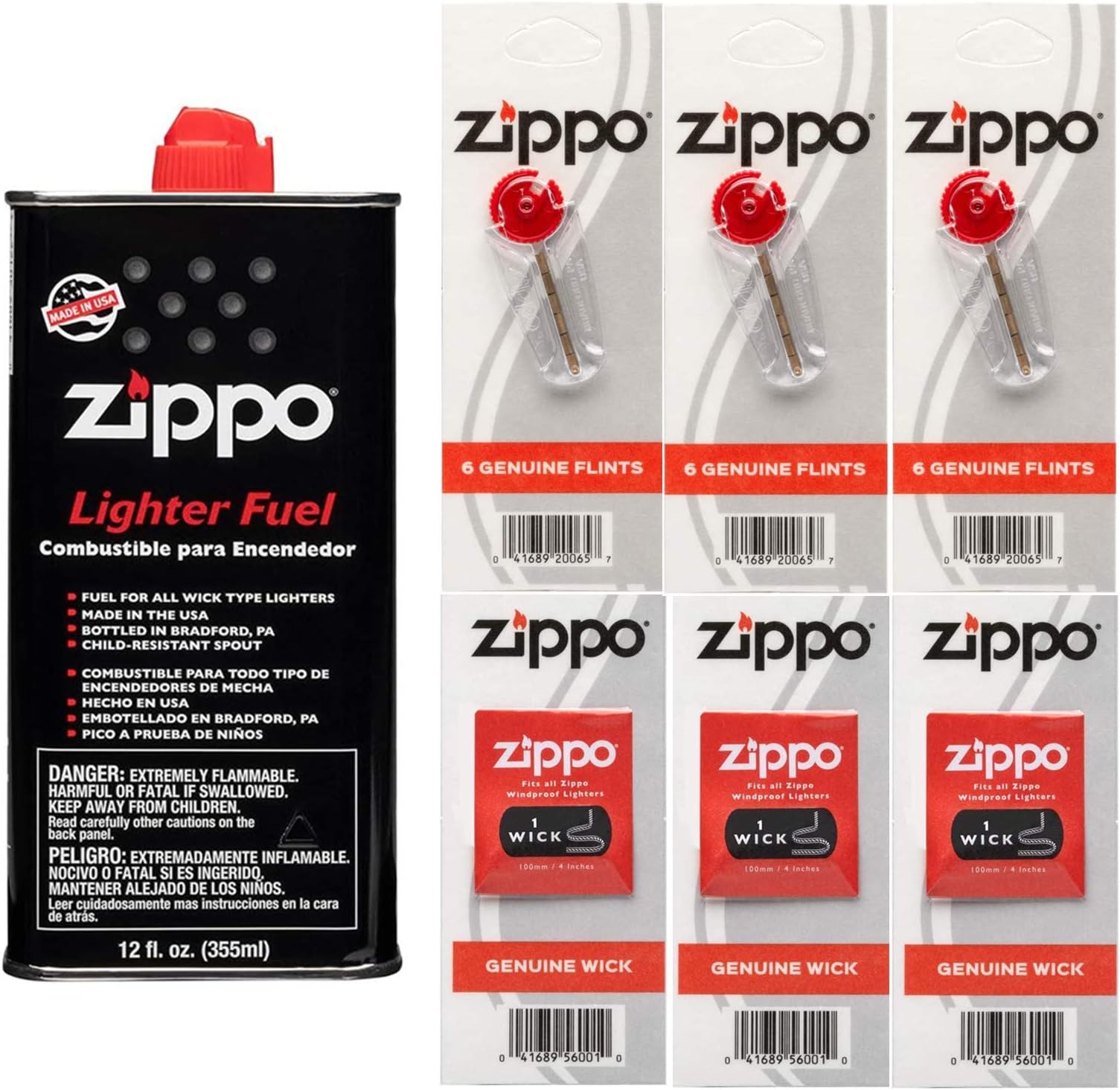 Zippo Gift Set - 12 Fl.oz Fluid Fuel and 3 Wick Card & 3 Flint Card (18 Flints) with Microfiber Cleaning Cloths