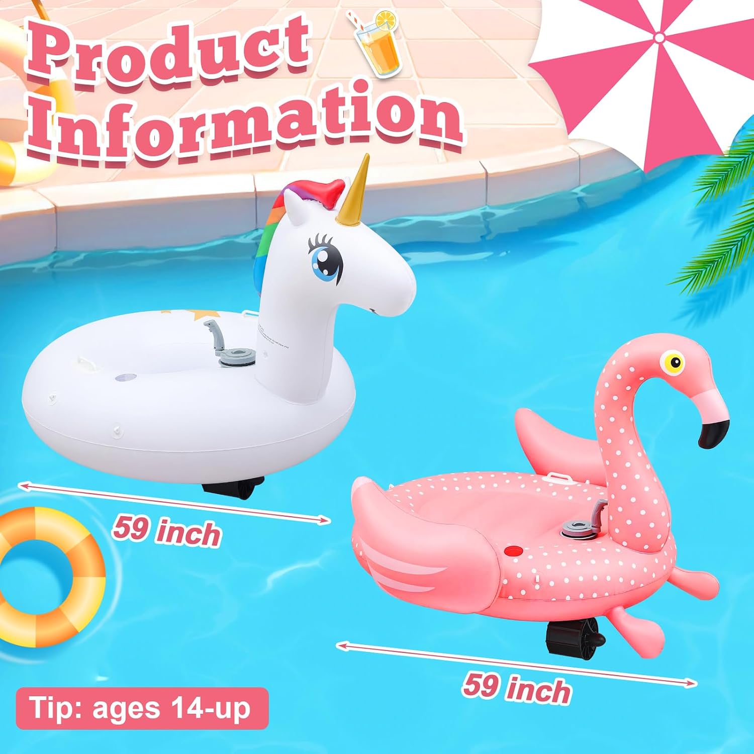 2 Pack Motorized Pool Float for Adult, Inflatable Pool Lounger Chair Pink Flamingo Unicorn River Tube Floating with Pusher Handles Cup Holder and Pump Waterproof for Party Beach Outdoor image 2