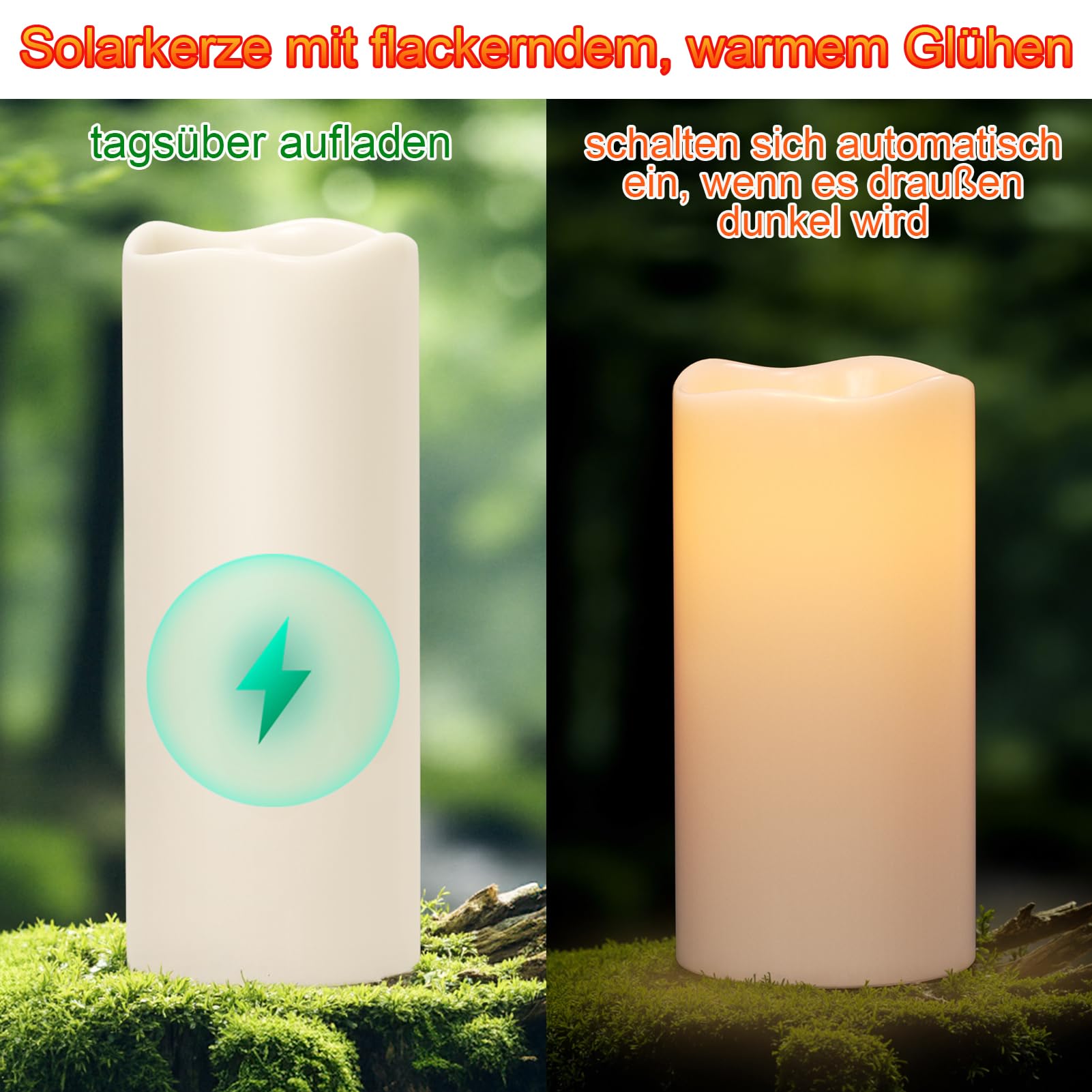 Eldnacele Solar LED Kerzen für Außen, SolarKerzen Outdoor, Wasserdichte Solarleuchte, Akku, Campinglampe Flammeneffekt, Flackerlicht, Dämmerungsschalter AUTO, Creme, 2 Stück