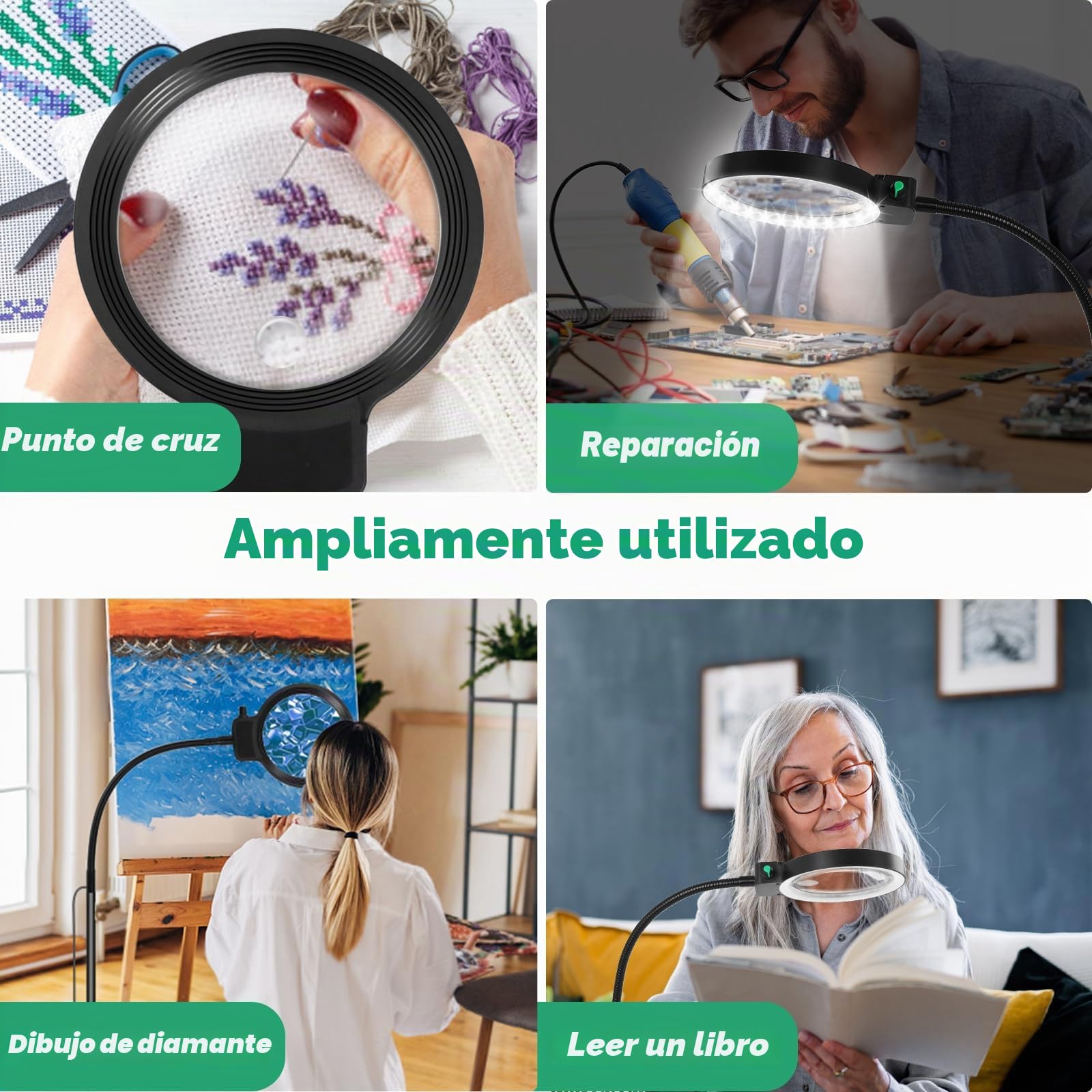 NZQXJXZ 2 en 1 Lupa con Luz y Soporte, Lámpara de Aumento 5X y 10X | con 36 LEDs de Brillo Ajustable, Lámpara de Aumento de Cuello de Cisne Flexible para Trabajos de Cerca, Manualidades, Lectura