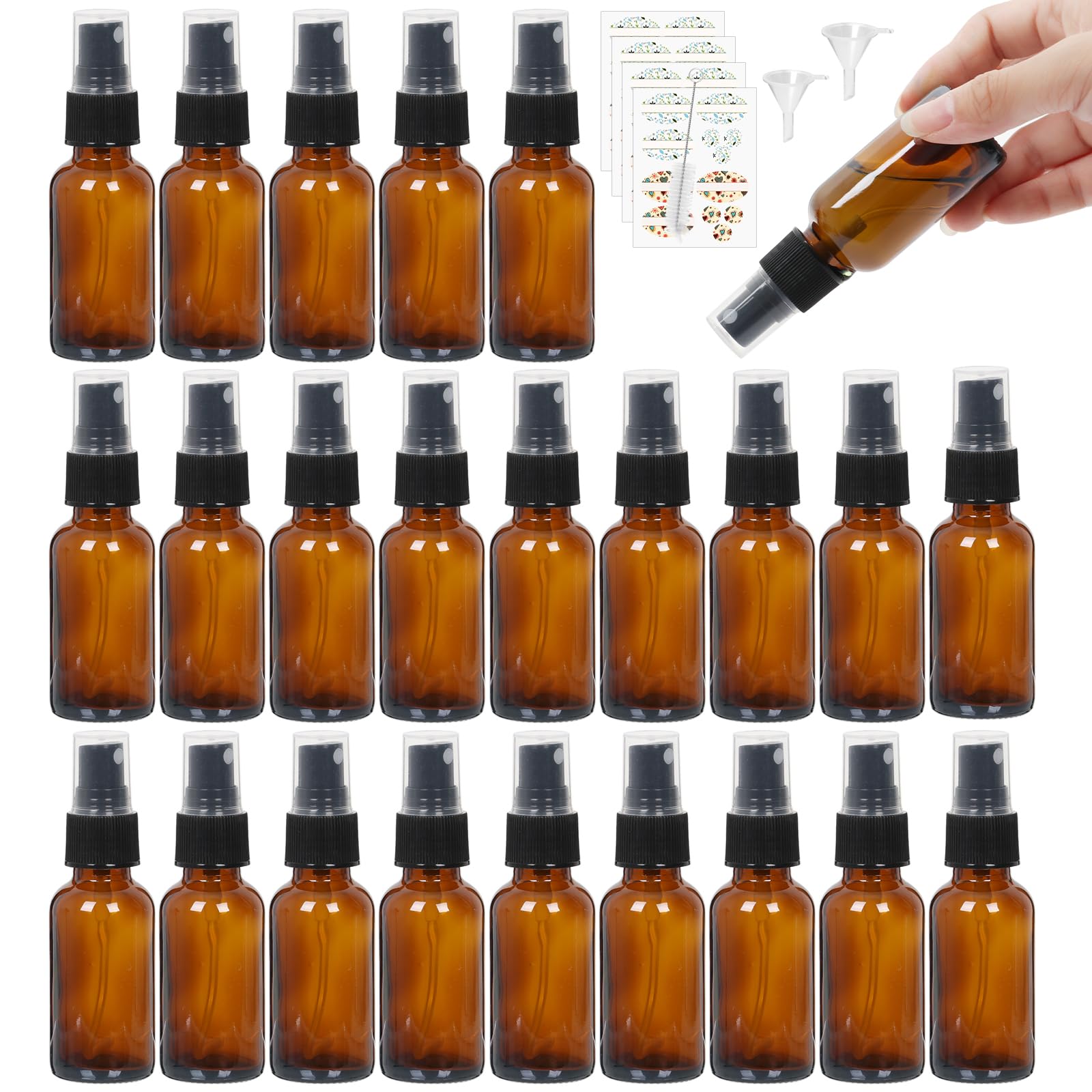 STARSIDE 24 Pack 1oz Amber Glass Spray Bottles with Fine Mist Sprayer,30 ml Glass Travel Bottles for Cosmetic Essential Oils Cleaning Solutions Perfumes & Liquids