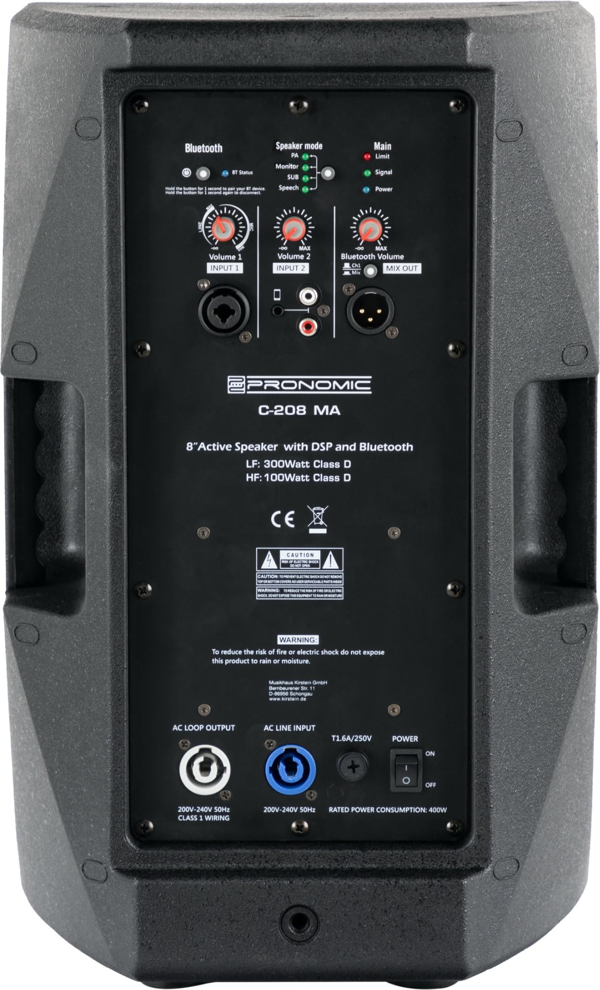 Pronomic C-208 MA Cassa Attiva 8" 400 Watt, Tipo: 2 vie Bi-Amp, SPL: 117 dB | Risposta in frequenza: 70 Hz - 20 kHz, Sensibilità (1m/1W): 91 dB, Impedenza: 4 Ohm, Woofer: 8" (203 mm), SPL: 117 dB, 3 kHz