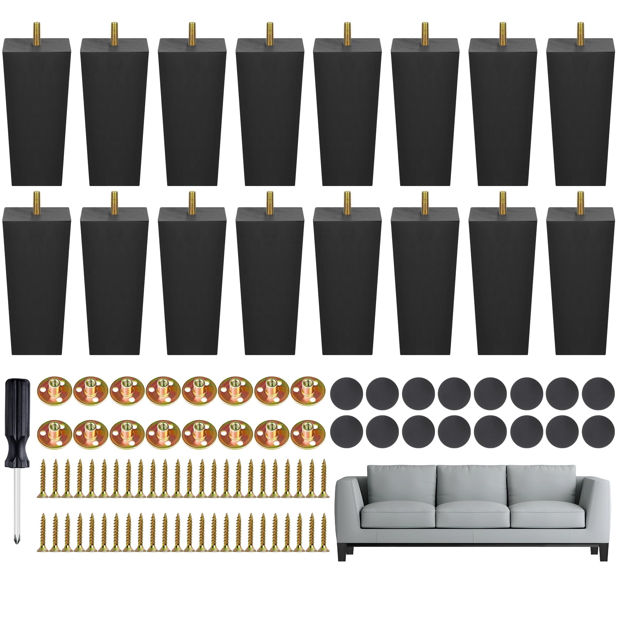 Photo 1 of TURSTIN Set of 16 Black 6 Inch Square Solid Wood Furniture Legs Wooden Replacement Feet for Sofa, Couch, Chair, Bed, Cabinet, Table, Includes Screws, M8 Iron Washers, Felt Pads & Screwdriver