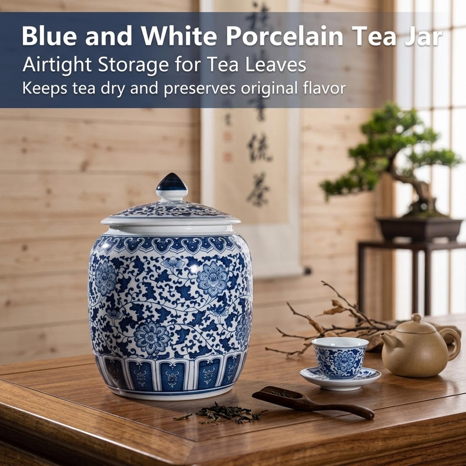 Blau-weißer Porzellan-Reistopf aus Keramik, chinesischer Retro-Vorratsbehälter mit Deckel, zylindrischer Getreidespender für Zuhause, Reis, Mehl und Zucker