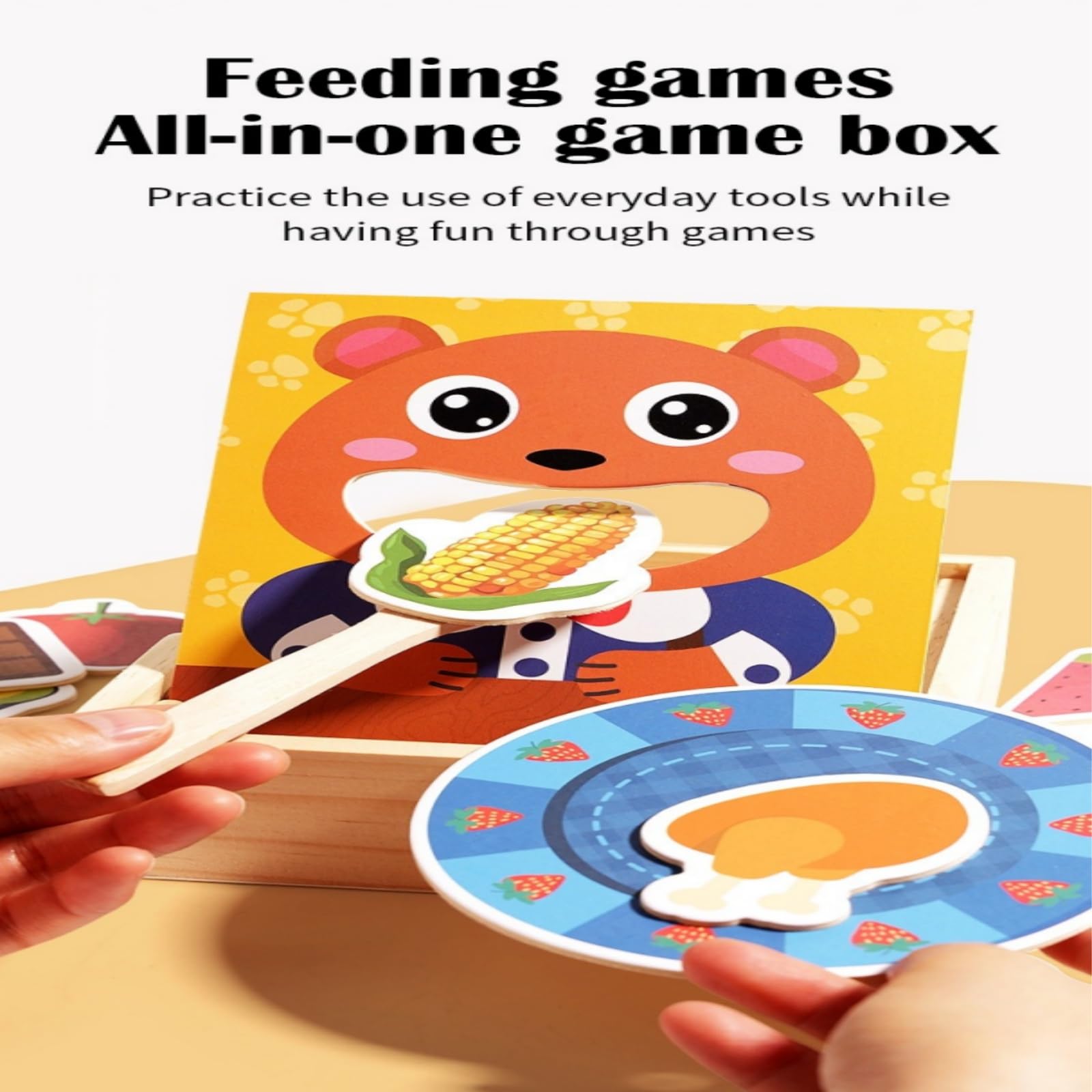 Juguete de alimentación de madera para niños pequeños: Montessori Juego de comida de juego de simulación para niños con 30 alimentos diferentes, cuenco y cuchara, juguetes de aprendizaje 3