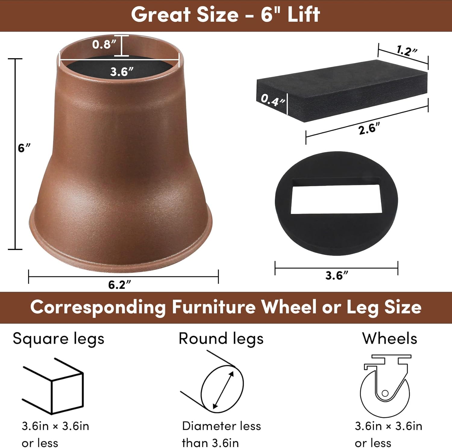 DEDU Bed Risers 6 Inch Heavy Duty 6 Pack, Furniture Risers with Caster Pads Supports Up to 6600 Lbs, Round Couch Risers for Sofas, Couch, Desk or Chair (Tobacco)