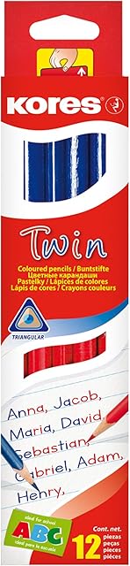 Kores - Twin: Double-Sided Red and Blue Pencils for Children and Students, Soft Lead and Triangular Ergonomic Shape, School Supplies for Writing and Correcting, Pack of 12