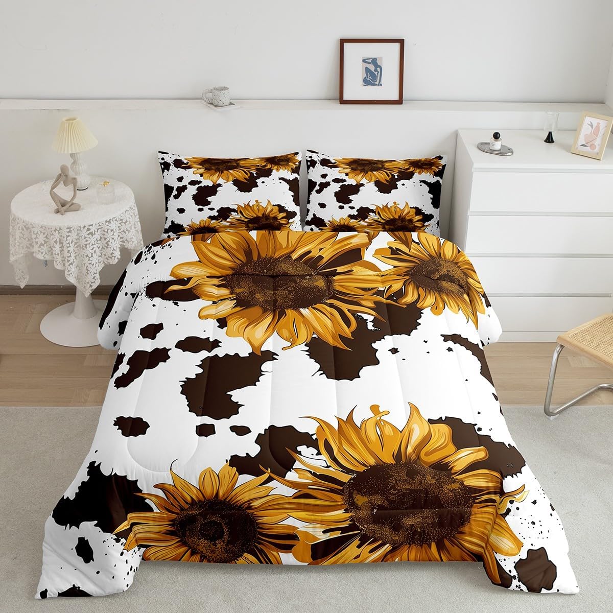 Brown Cow Print Queen Comforter Set for Girls,Cattle Milk Cow Highland Cowhide Down Comforter,Farm Animals Skin Bedding,Yellow Sunflowers Floral Rustic Decor Western Cowboy Bohoemian Aztec Quilt