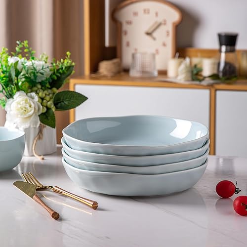 Miniatura 8 de LERATIO 9.75 cuencos de cerámica para pasta, con borde ondulado, 38 onzas, juego de 4 cuencos grandes y anchos para cocina, cuencos modernos de gres