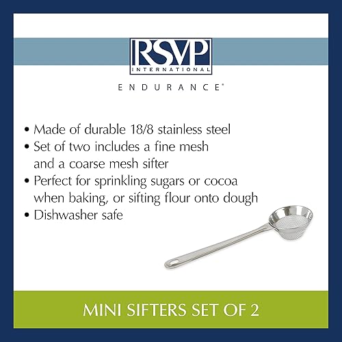 Miniatura 6 de RSVP International Endurance Kitchen Collection - Tamiz de harina de acero inoxidable apto para lavavajillas mini tamiz fino y curso 2 piezas