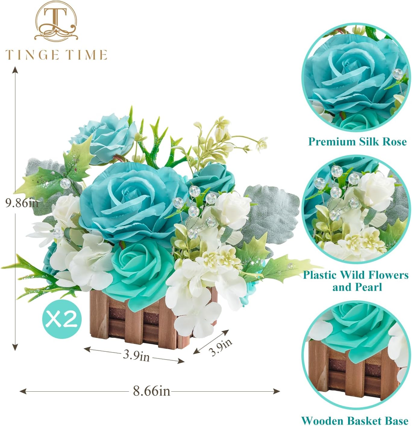 TINGE TIME Wedding Centerpiece Flower with Basket, Set of 2 Large Artificial Flowers Floral Arrangement for Tabletop Mantel Archway Aisle (TealBlue) - Image 2