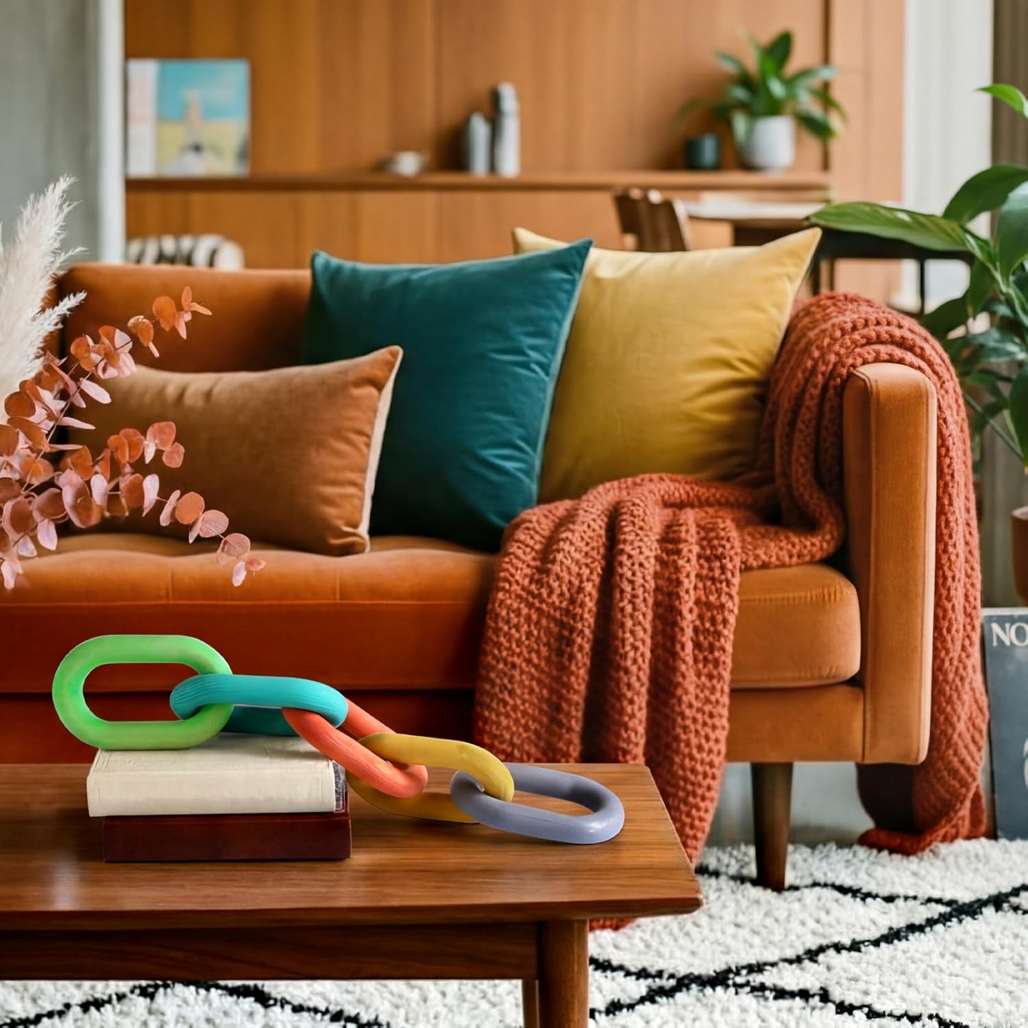 Amyhill 5 Chain Link Decor Mid Century Modern Decor Wood Decoration Colorful Rustic Decorative Wooden Chain Modern Farmhouse Shelf Statue for Home Living Room Bookshelf Aesthetic Art