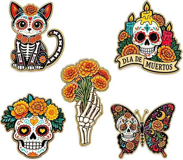 Mexican Enamel Pins 5-Piece Set Day of the Dead Sugar Skulls