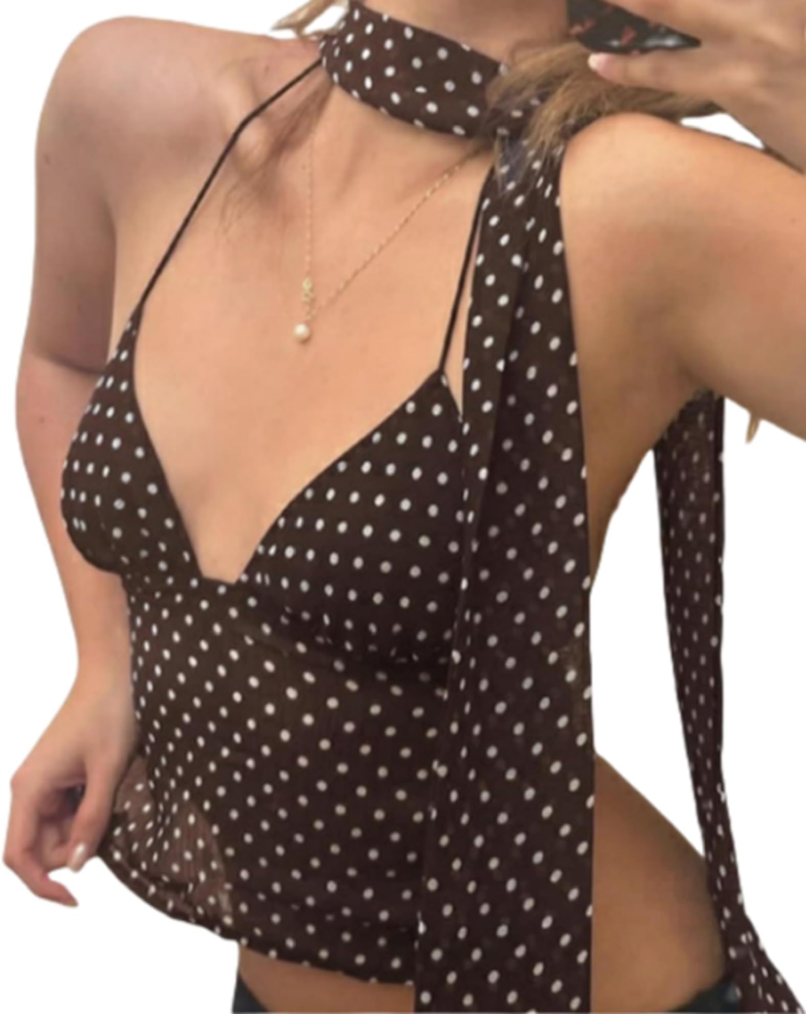 Y2k Polka Dot Tank Top for Women Spaghetti Strap V Neck Halter Crop Top Coquette Backless Cami Scarf Top