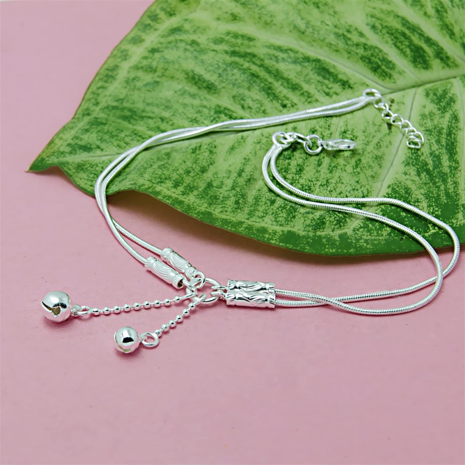 Cavigliere Moda Ragazza carina Cavigliere a campana Donne Cavigliere a catena in argento sterling 925 Cavigliere a catena doppia contratta Cavigliere da 27 cm Cavigliere da donna