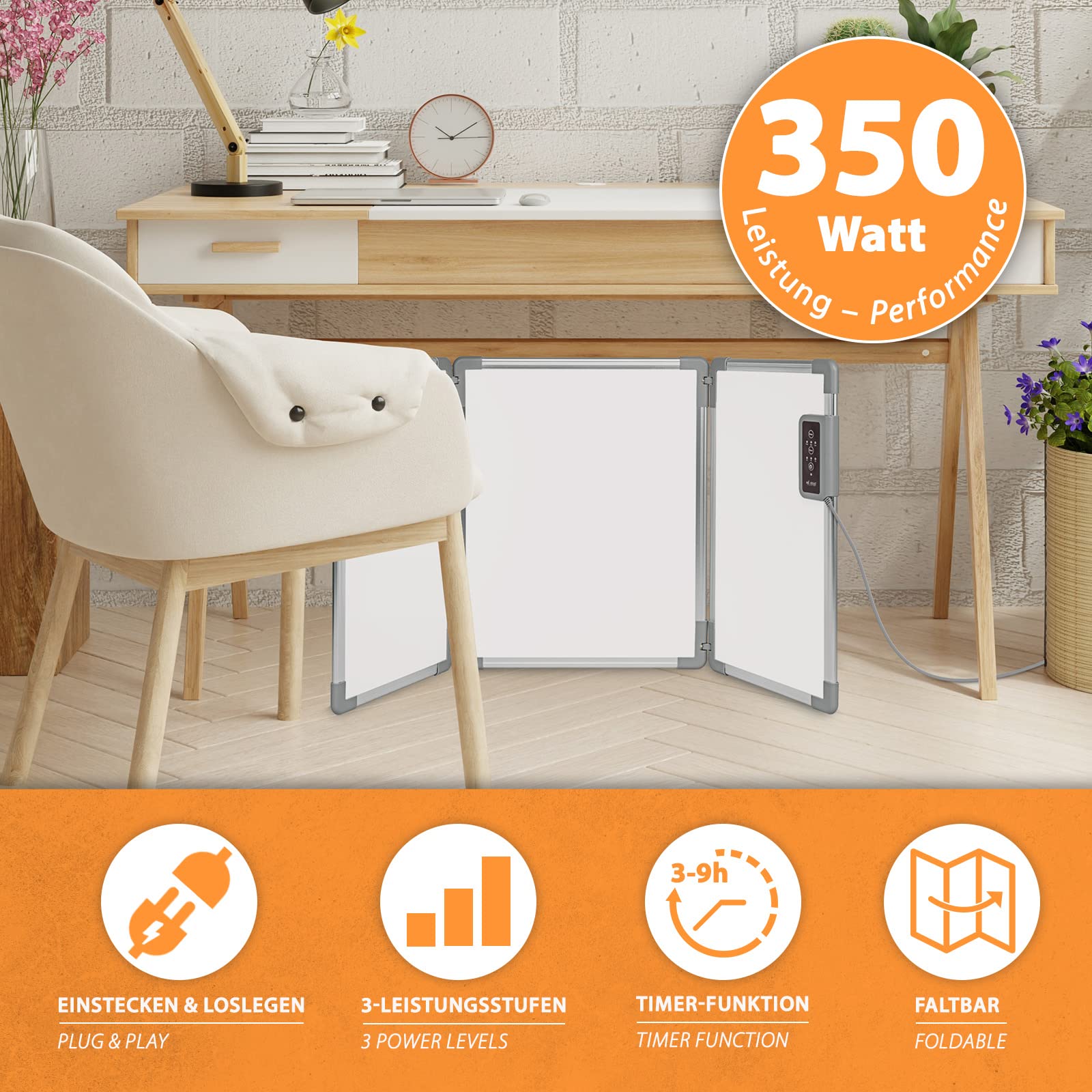 Mi-Heat Składany aluminiowy panel grzewczy, 53 x 108 cm, ogrzewanie na podczerwień 350 W do 80°C, ścianka grzewcza do biura, domu, biura, miejsca pracy, kasy, recepcji