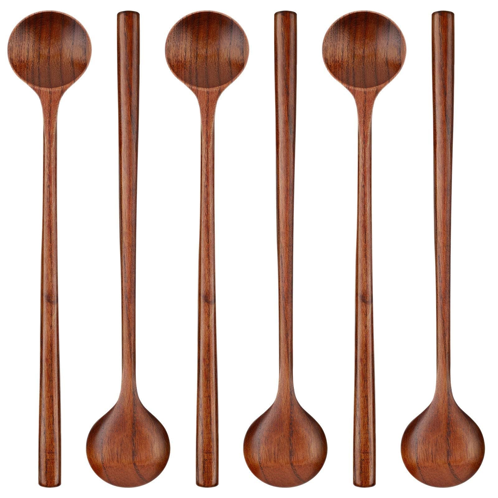 6 PCS 10.9 Inch Wooden Long Spoons, Kitchen Wooden Cooking Spoon, Korean Style Soup Spoons, Suitable for Eating Mixing Stirring, Soup Stews (Brown)