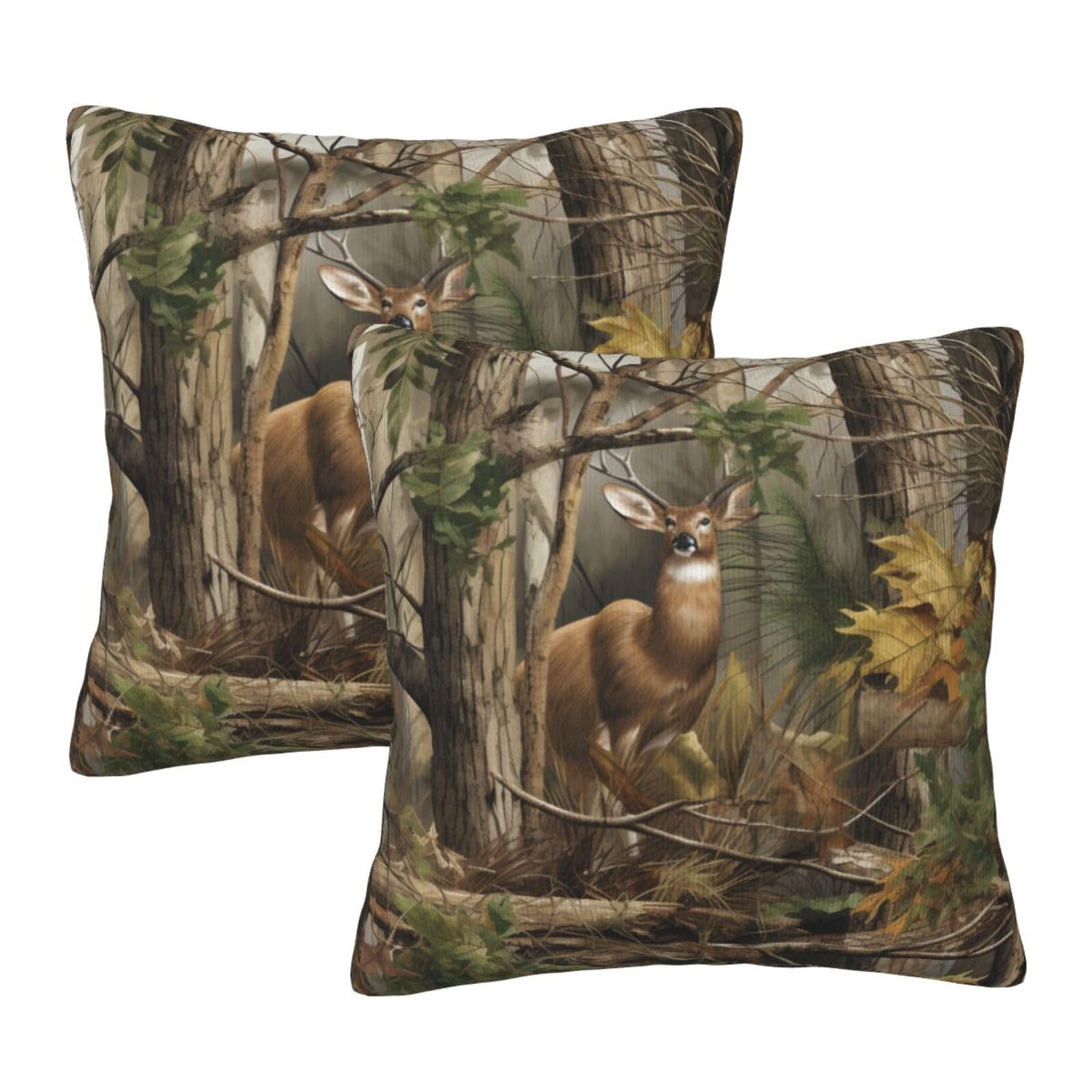 Tree and Deer 2 Pack Throw Pillow Covers Sofa Cushions Covers Living Room Bedroom Bed Covers Car Lumbar Covers 18x18 Inches