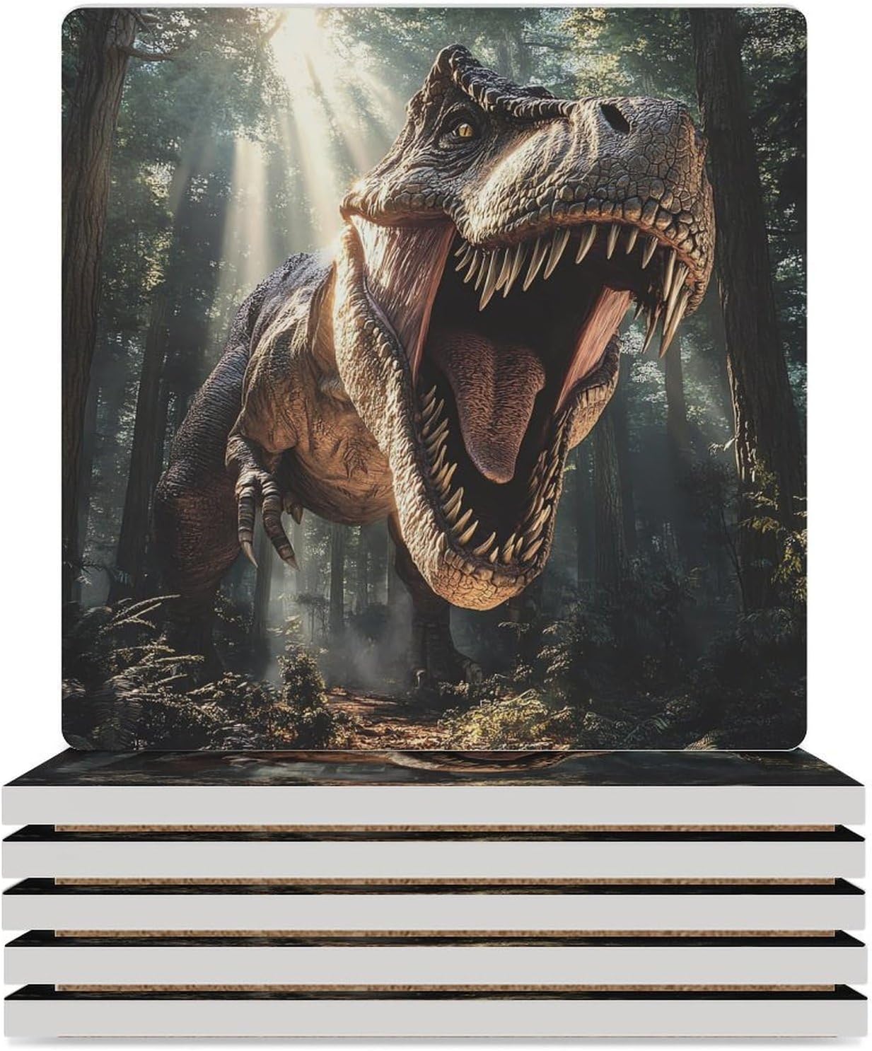 Dinosaur Ceramic Coasters Set Square Drink Coasters Table Coaster for Kitchen Desktop Decor