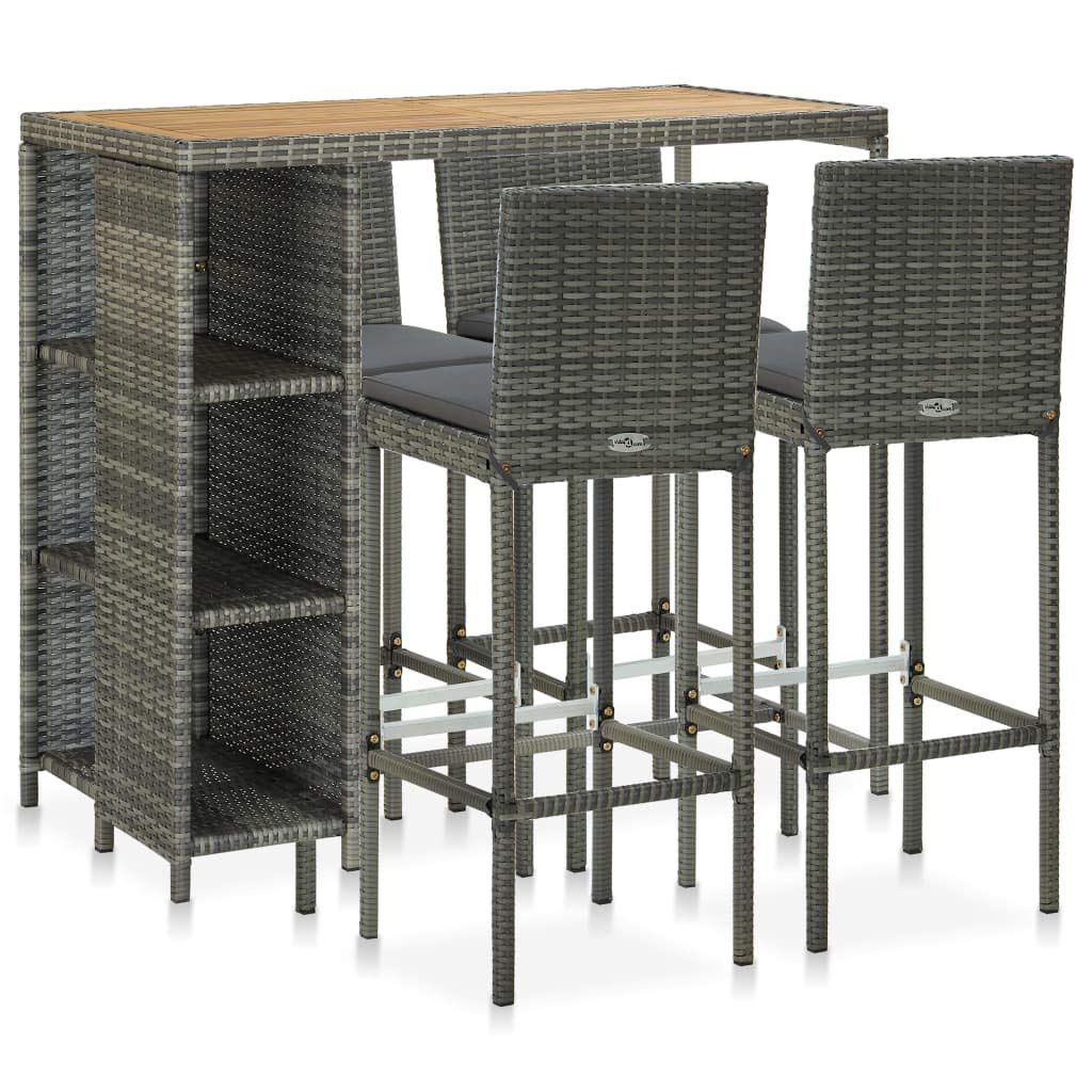 Set de Bar para jardín 5 Piezas con Cojines Gris ratán sintético Resistente a la Intemperie Mesa 120x60x110 cm y taburetes para terraza Patio balcón Ideal para reunión Ocio Exterior