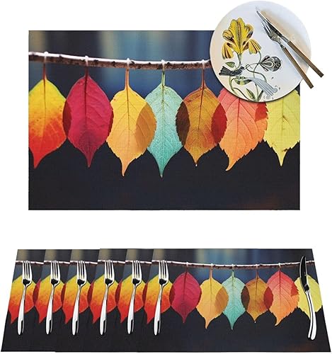Miniatura 1 de 6 PCS PVC Placemats Set Place Mats Colorful Leaves Non-Slip Weave Place Mats 12" x 18" Farmhouse Durable Table Mat Set for Family Dinners Wedding