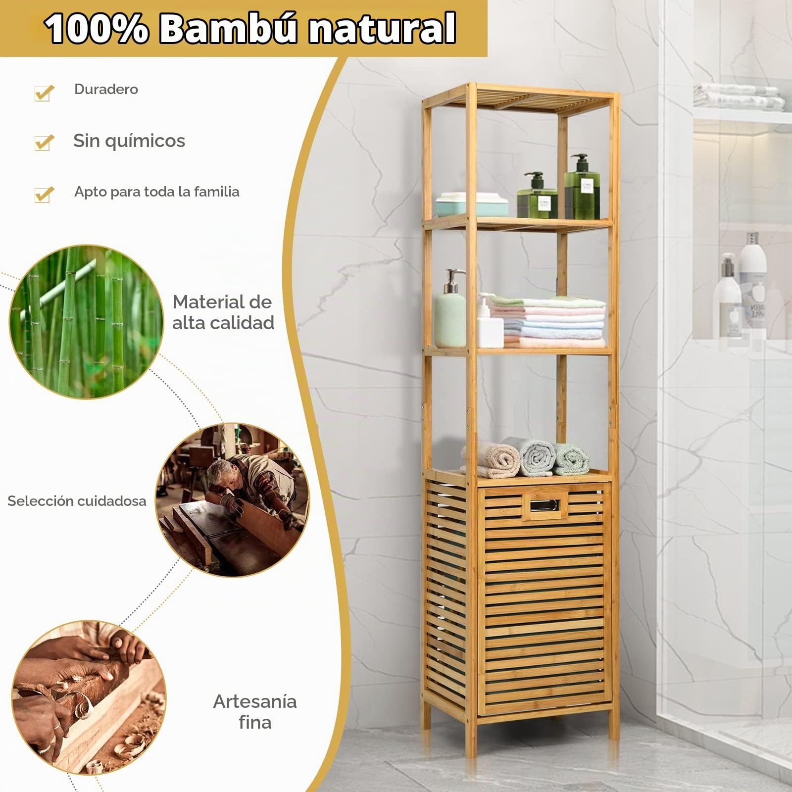 GIANTEX Estante de Baño con Cesta para la Ropa, Estante de Bambú para el Baño, Armario Alto con 3 Estantes, Natural,40 x 33 x 160 cm