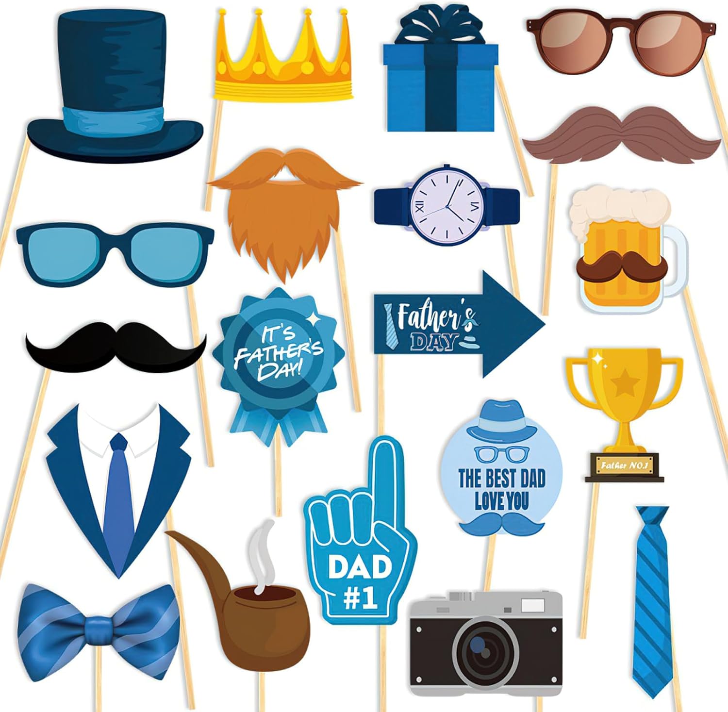 20 Pcs Happy Father's Day Photo Booth Props Funny Father's Day Theme Photo Booth Props Birthday Party Decorations Supplies, Blue
