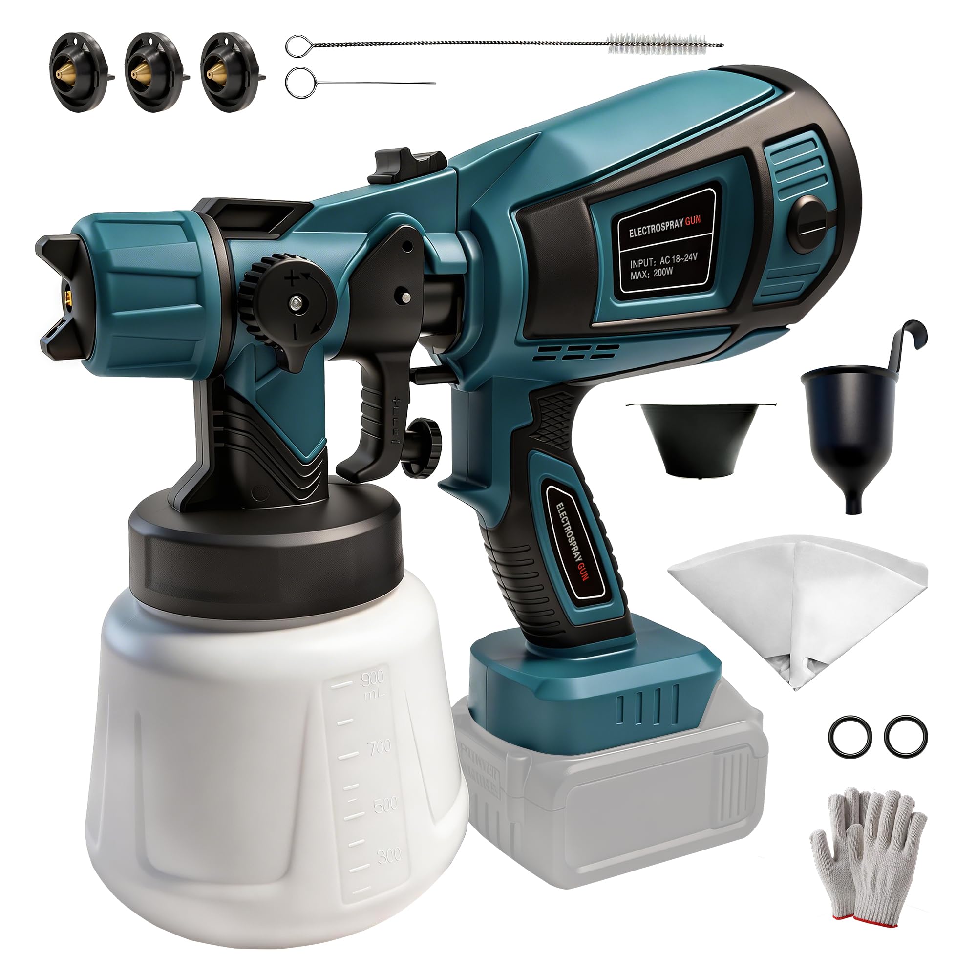 RAYLEEY Cordless Paint Sprayer Compatible with MAKITA 18V Battery, Electric HVLP Spray Gun, 1000ml Container, 3 Copper Nozzles, for Fences, Walls, Furniture (Tool Only)