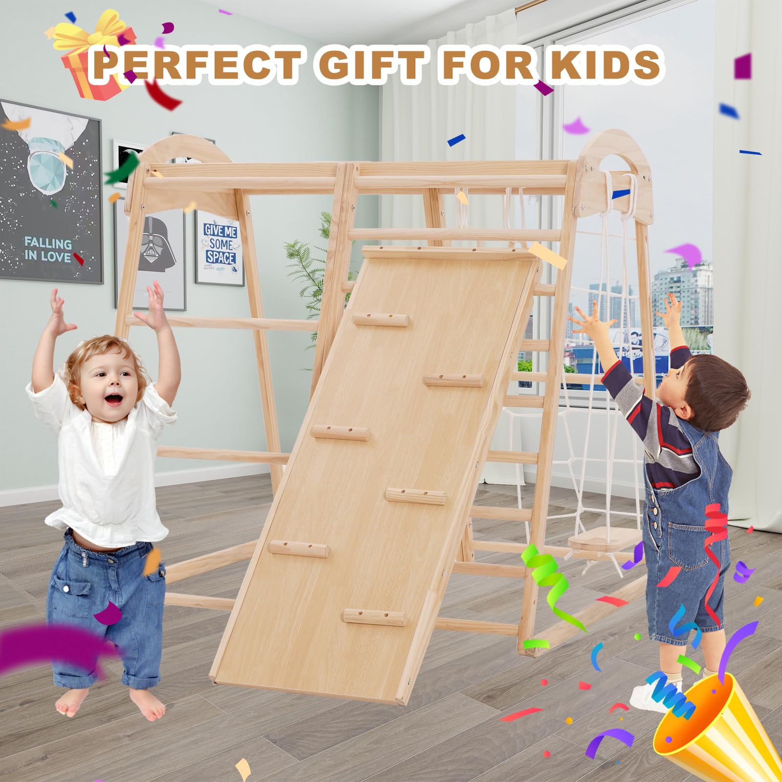 8 in 1 Klettergerüst Indoor für Kinder, Indoor Spielplatz Jungle Fitnessstudio Holz Kletter Spielset mit Rutsche, Schaukel, Affen Bars,Kletterwand, Kletterseil, Spielplatz für Kinderzimmer
