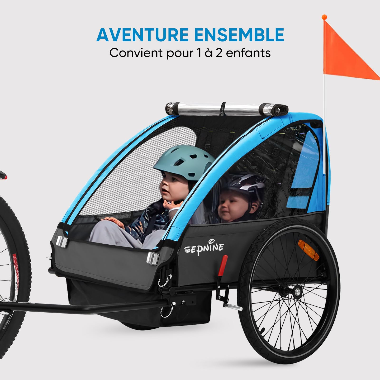 SEPNINE Remorque pour Enfant, 2 Places, véhicule Tout-Terrain pour Enfant, Ceinture de sécurité intégrée, Pliable avec Frein à Main, pour 1 à 2 Enfants de 40 kg Maximum - Bleu Clair