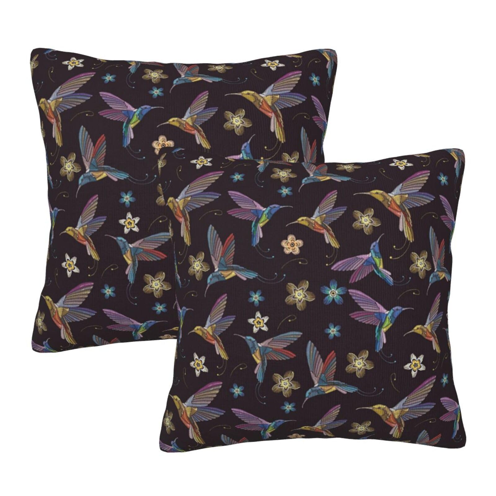 Taies d'oreiller colibris lot de 2 housses carrées brodées en coton blanc pour lit 65x65 cm