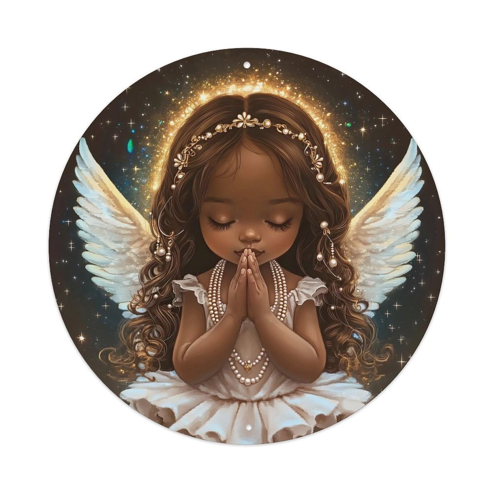 Angel With Wings And Pearls Vintage Round Tin Sign Retro Metal Wall Decor Metal Poster, Home Bar Garage Cafe Wall Art Decoration 8x8Inches