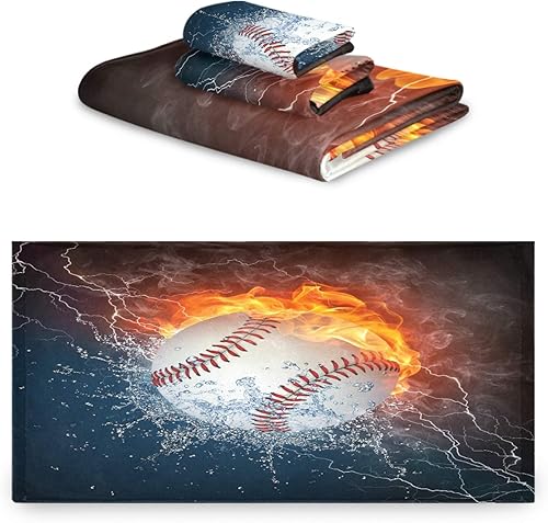 Vista 2 de ALAZA Juego de toallas de baño, toallas de fuego de agua de béisbol, 3 piezas, 1 toalla de baño, 1 toalla de baño, 1 toalla de mano, juego de 3