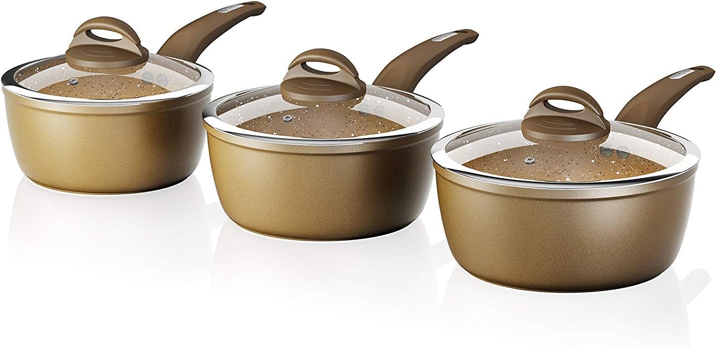 TOWER Cerastone Forged Aluminium Saucepan Set with Easy Clean Non-Stick Ceramic Coating, 3 Piece - Gold