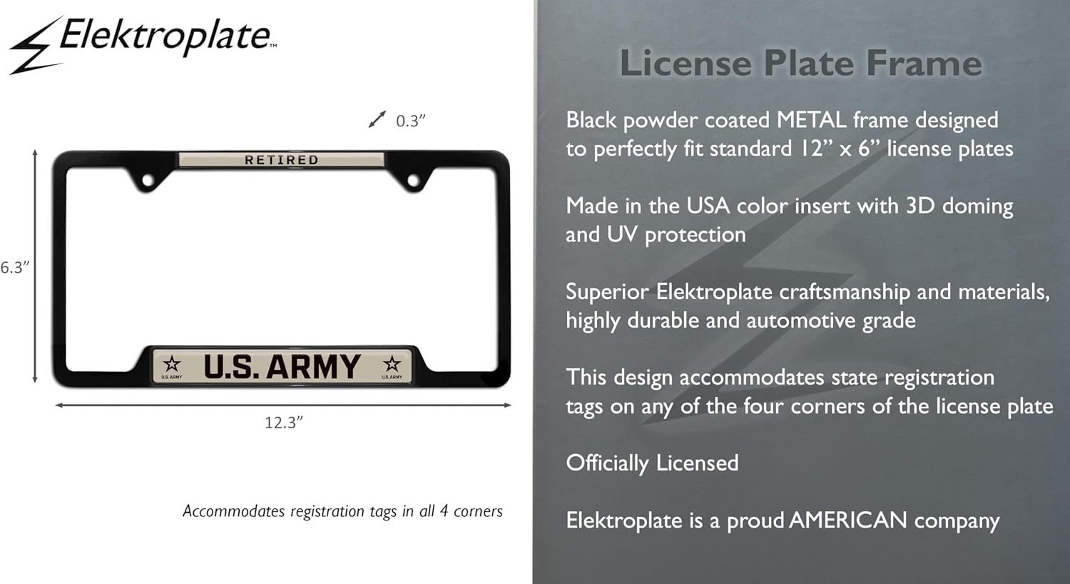 Elektroplate Officially Licensed – U.S. Retired Army Black All-Metal Open Corner License Plate Frame Tag Holder for Cars/SUVs/Trucks Weather-Proof Automotive Accessory
