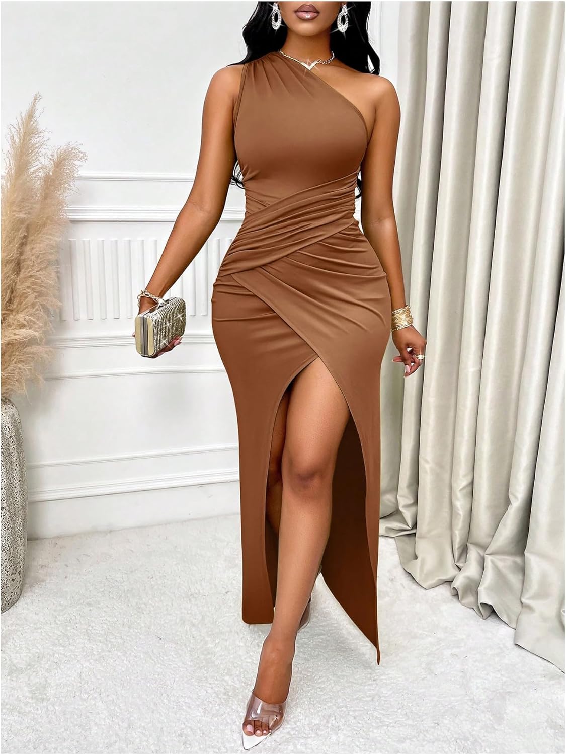 Floerns Women's One Shoulder Sleeveless Wrap Dress Split Ruched Cocktail Party Maxi Dresses - Image 6