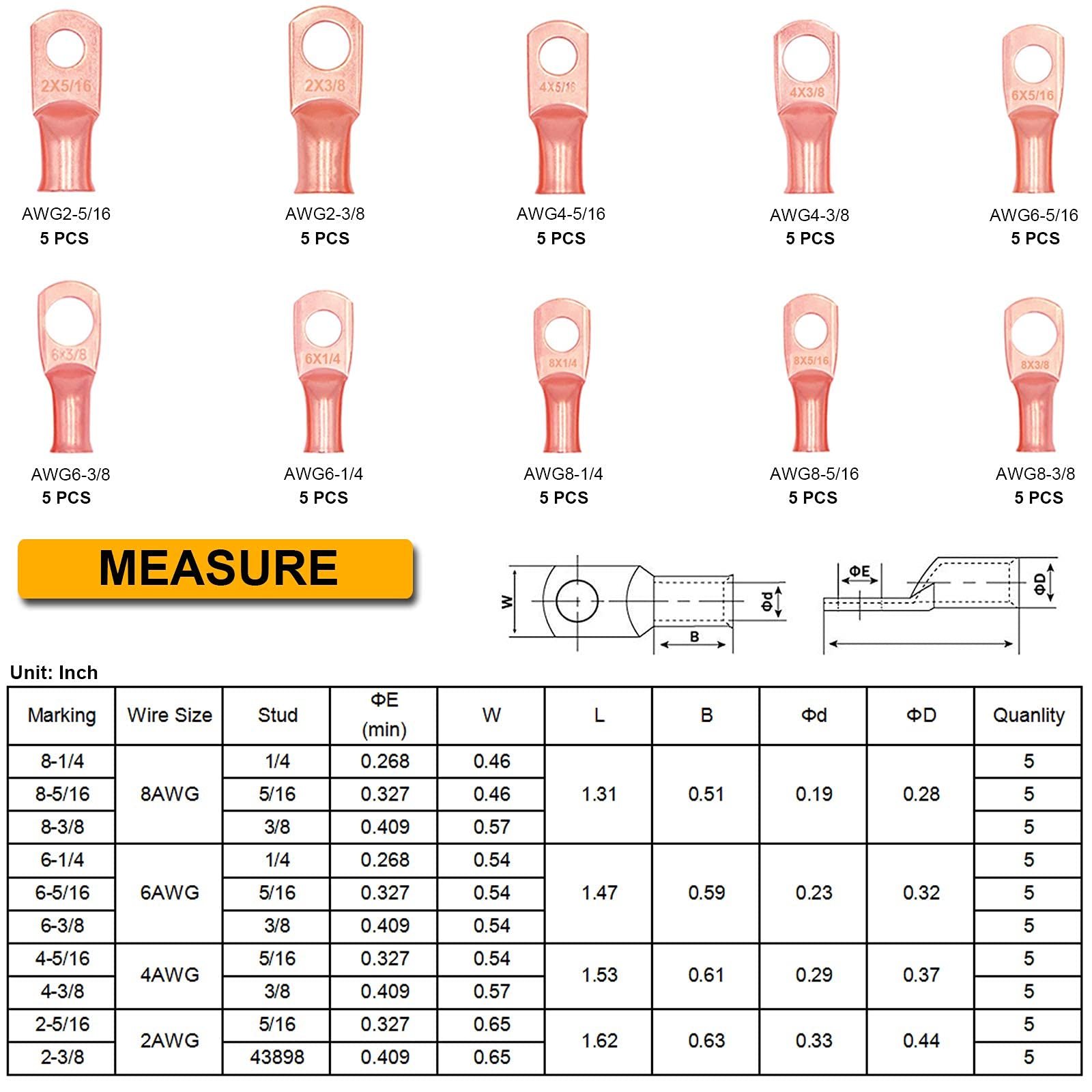 TKDMR 130Pcs AWG 8 6 4 2 Copper Wire Lugs with Heat Shrink Set,60Pcs