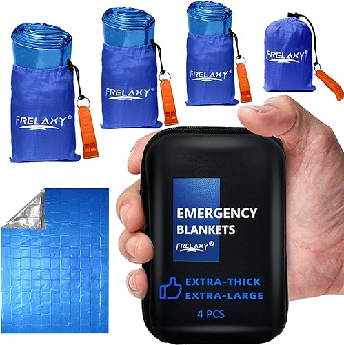 Vista 14 de Frelaxy Paquete de 2/4 mantas de emergencia, extra gruesas, extra grandes, con silbatos, bolsas de almacenamiento y funda de EVA Naranja - Paquete