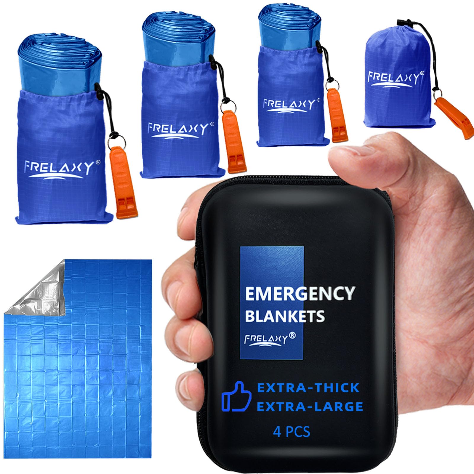 Frelaxy Manta de emergencia, paquete de 2/4, mantas espaciales extra gruesas con silbatos, bolsas de almacenamiento y funda de EVA