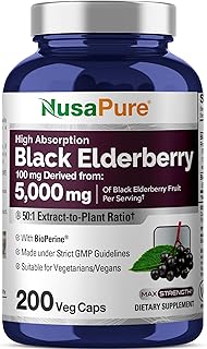 NusaPure Black Elderberry 50:1 Extract, 100 mg Equivalent to 5,000mg per Veggie Capsules, 200 Count (Vegan, Non-GMO, Bioperine) Dietary Supplement