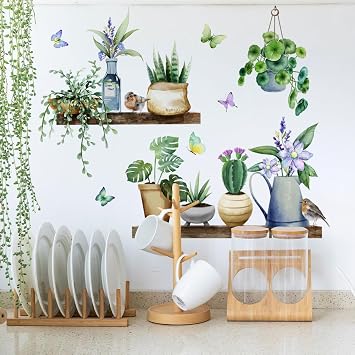 Runtoo Green Potted Plant Wall ملصق تعليق ملصقات الحائط الاستوائية الزهور مكتب الحضانة غرفة المعيشة غرفة نوم المطبخ ديكور