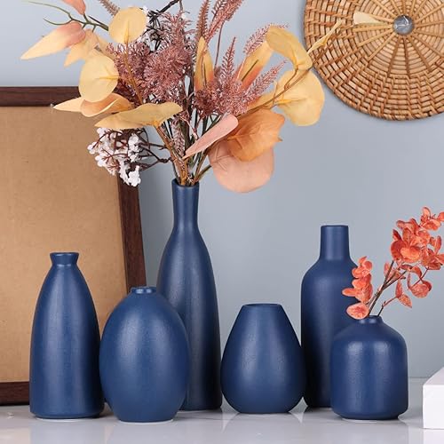 Miniatura 6 de Jarrón de cerámica azul  Juego de 6 jarrones azules con diseño moderno de granja azul marino decorativo para el hogar, oficina, sala de estar,