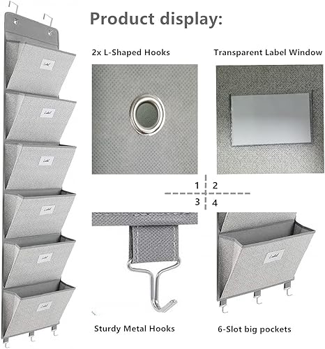Miniatura 10 de Organizador de archivos sobre la puerta  6 bolsillos extra grandes para colgar en la pared, soporte de archivos de almacenamiento para revistas,