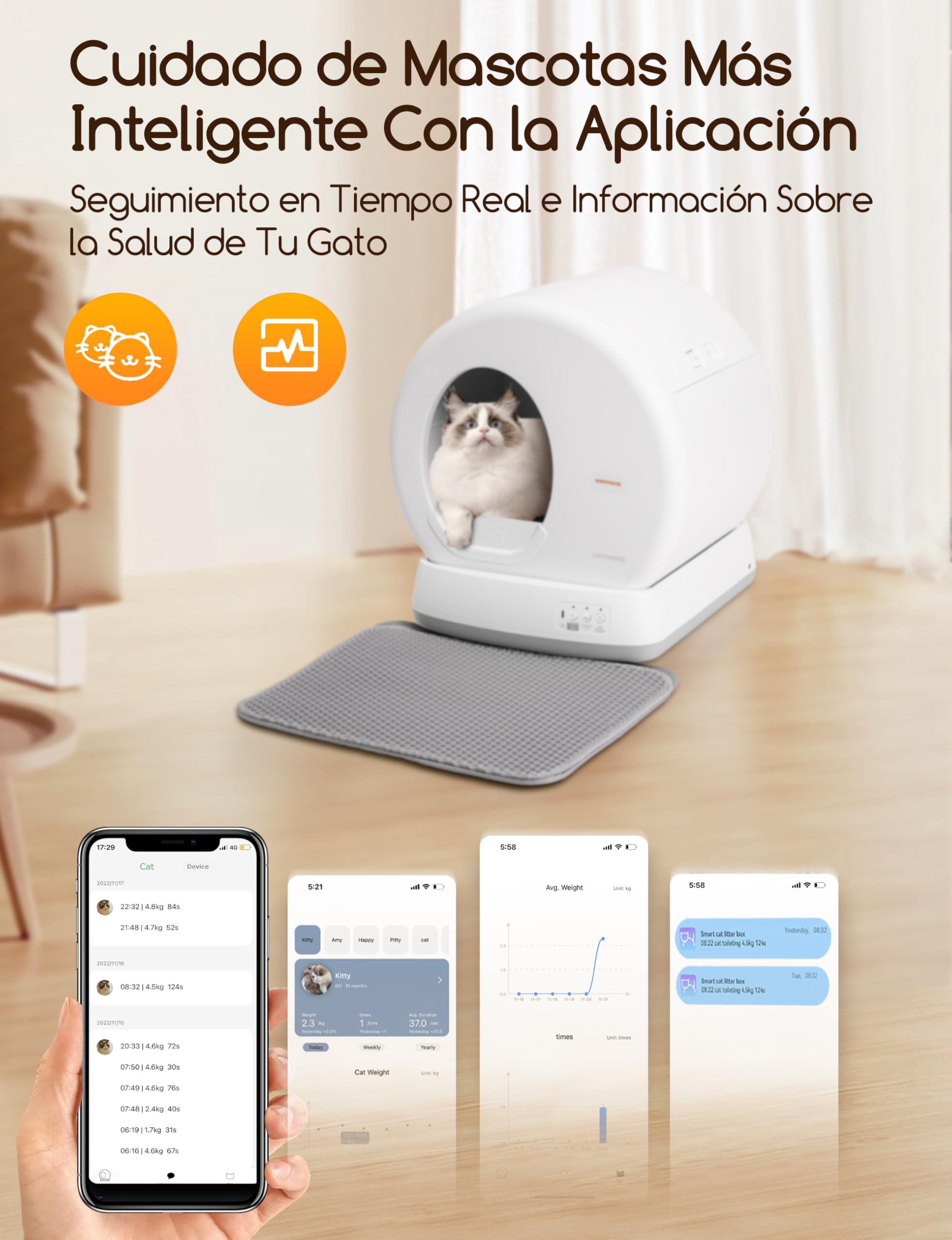 MeoWant Samoczyszcząca kuweta dla kota, automatyczna toaleta dla kota, przeciw szczypaniu, zamknięta taca na śmieci dla dużych i wielu kotów, sterowanie aplikacją, żwirek robota, zapachy, z matą